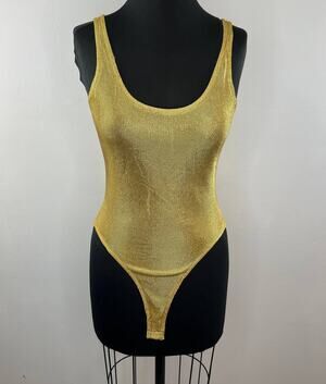 Hartly USA Gold Metallic Shimmer Knit Scoop Neck Sleeveless Thong Bodysuit S